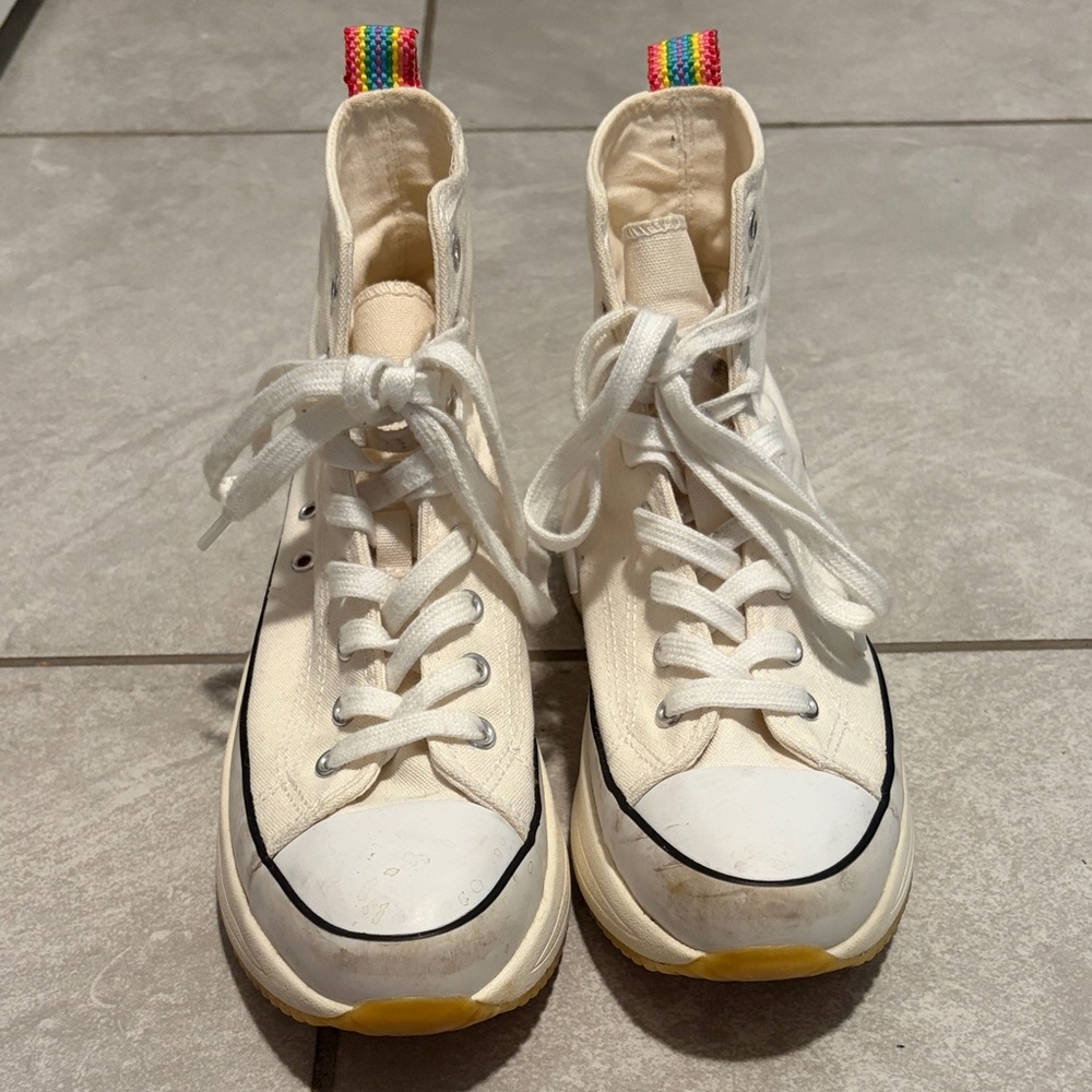 Madden Girl Cream High-Top Sneakers with Rainbow Accent